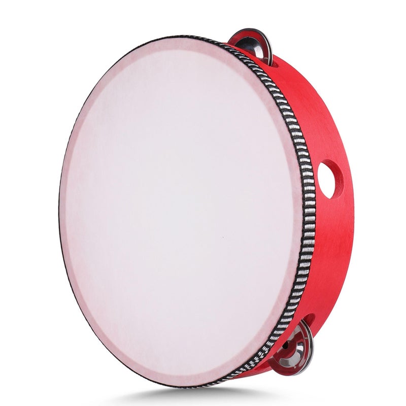 Flexzion Wooden Round Tambourine for Adults 8" Inch Single Row 8 Pair Jingles, Red Handheld Percussion Instrument for Beginner and Professional Tambourine Player - Image 1